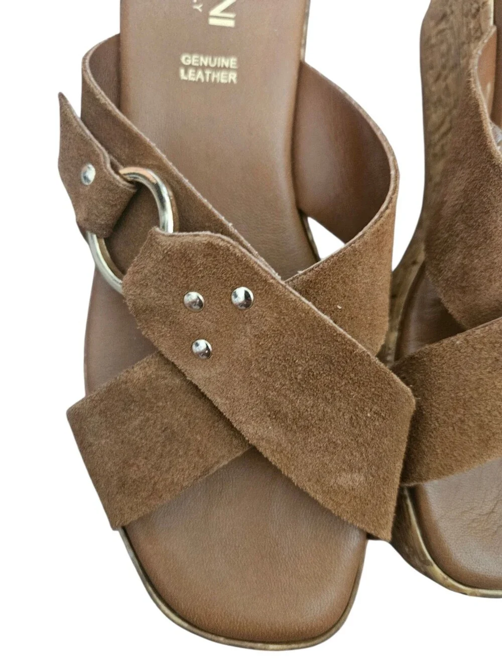 LOTTINI Suede Cross Band Wedge Womens Brown/Tan Sandal Gold Buckle Size 7 Summer